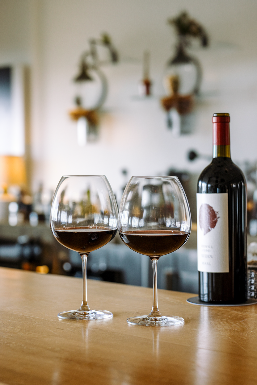Two measured 5-ounce pours of red wine in identical glasses on an indoor bar counter, bottle set aside with label turned away.