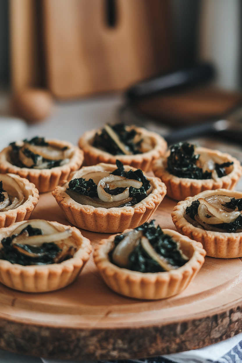 Indoor photo of mini whole-wheat tart shells filled with caramelized onions and sautéed kale, set on a wooden board. No text or logos.