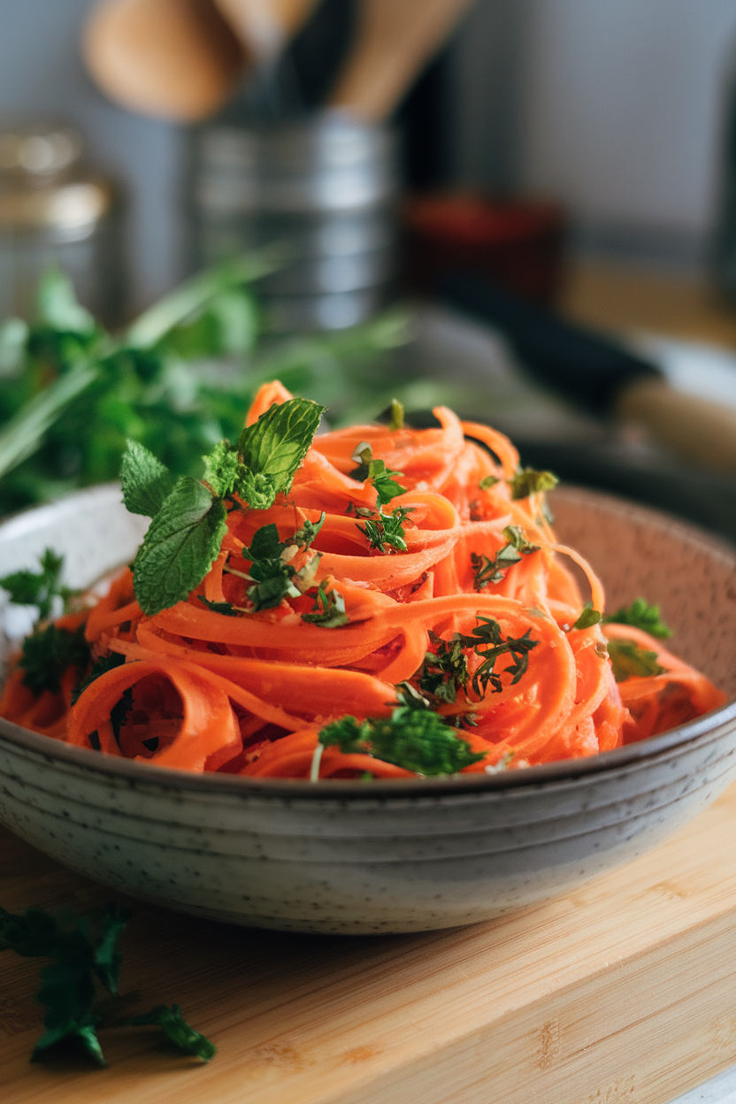 Thin carrot ribbons tossed with herbs and vinaigrette in a salad bowl indoors. No text or logos.
