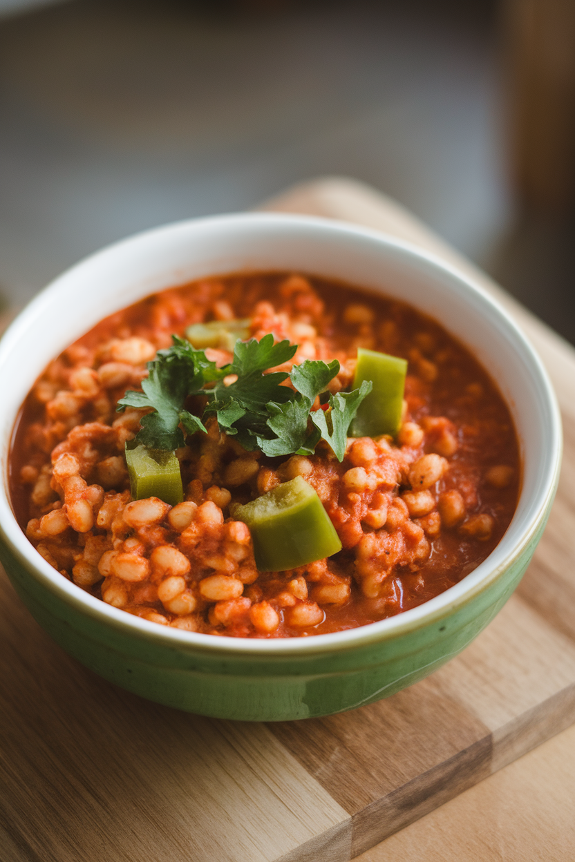 Indoor photo of hearty barley chili studded with diced green peppers, tomato broth visible, parsley garnish; no text or logos.