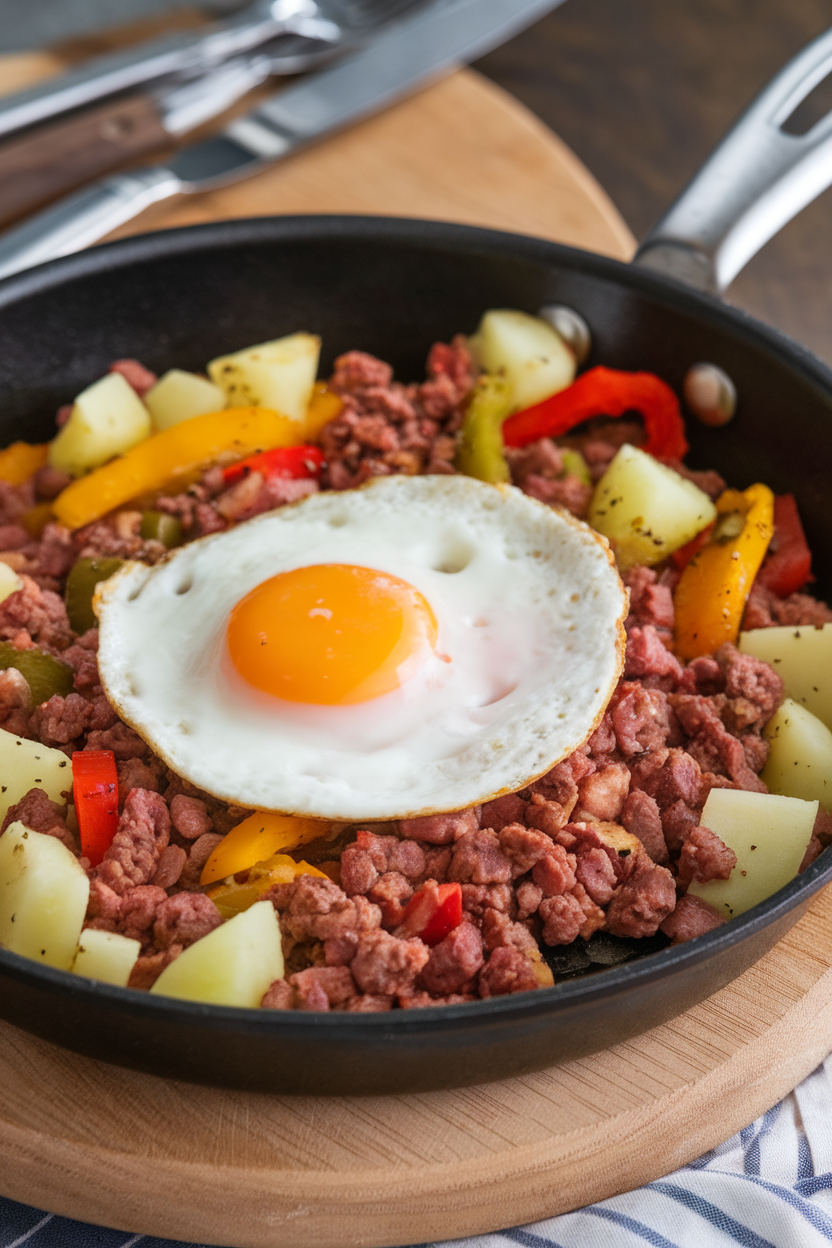 An indoor skillet with diced potatoes, lean ground beef, and colorful peppers topped with a soft-cooked egg. No logos; photo only.