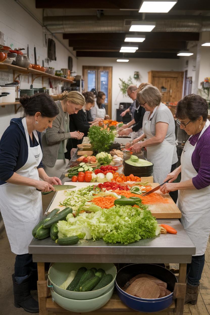 Indoor community kitchen setting with volunteers chopping fresh vegetables for a large salad, no text or logos. Photo.