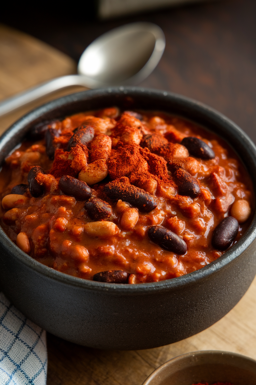 Indoor photo of a dark stoneware bowl holding chunky bison chili with black, pinto, and navy beans, a dusting of smoked paprika on top; no text or logos.