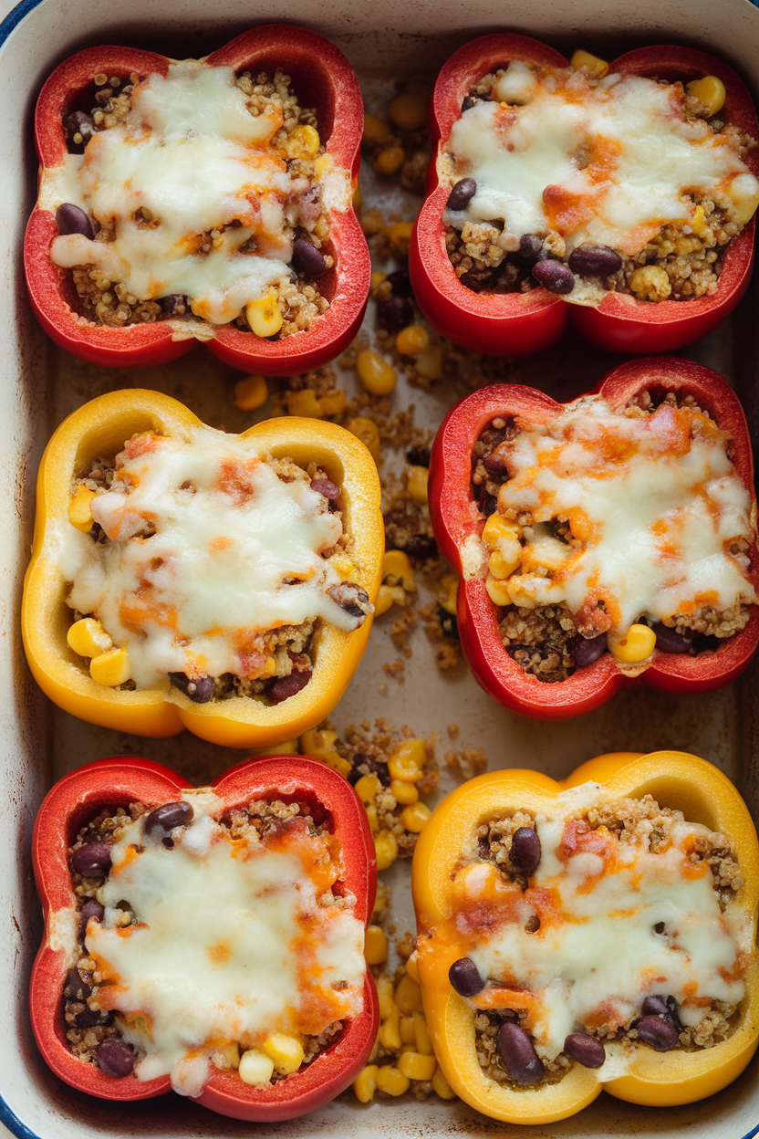 Photo of halved red and yellow bell peppers on a baking dish, filled with quinoa, black beans, and corn, cheese lightly melted on top. Indoor setting, no text or logos.</Prompt