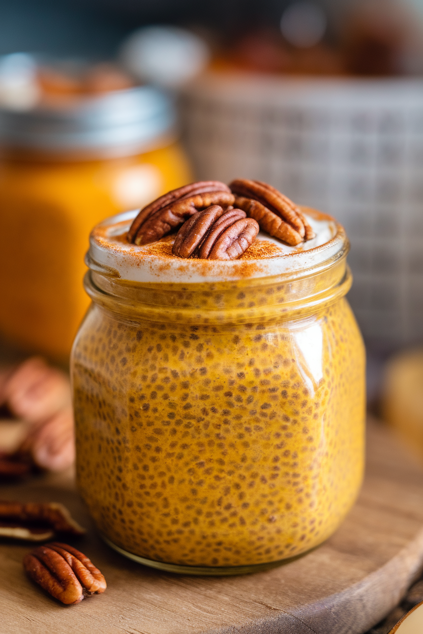 Indoor jar photo of orange pumpkin chia pudding topped with pecans and a dusting of pumpkin spice, no text or logos.