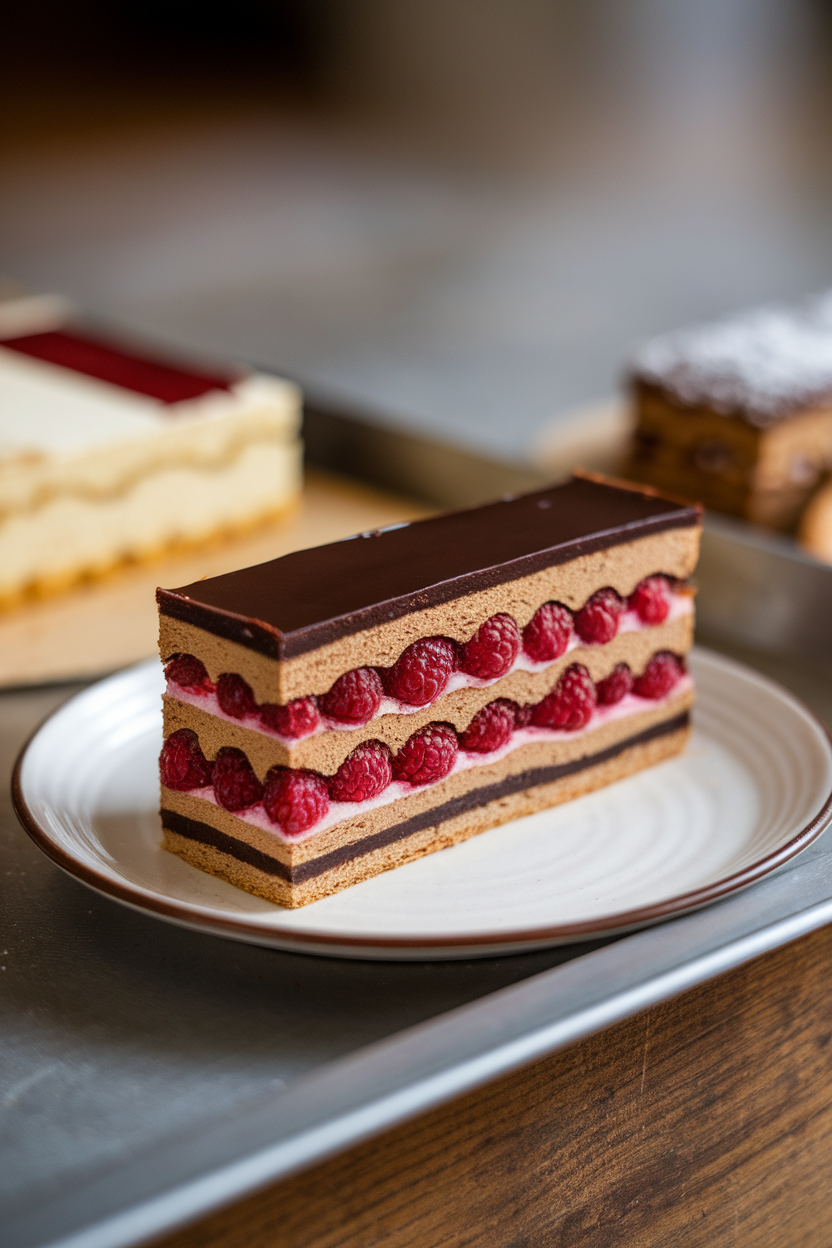 An indoor pastry tray holding a narrow layered slice with alternating coffee sponge, raspberry jelly, and dark chocolate glaze. No text or logos. Photo, not illustration.