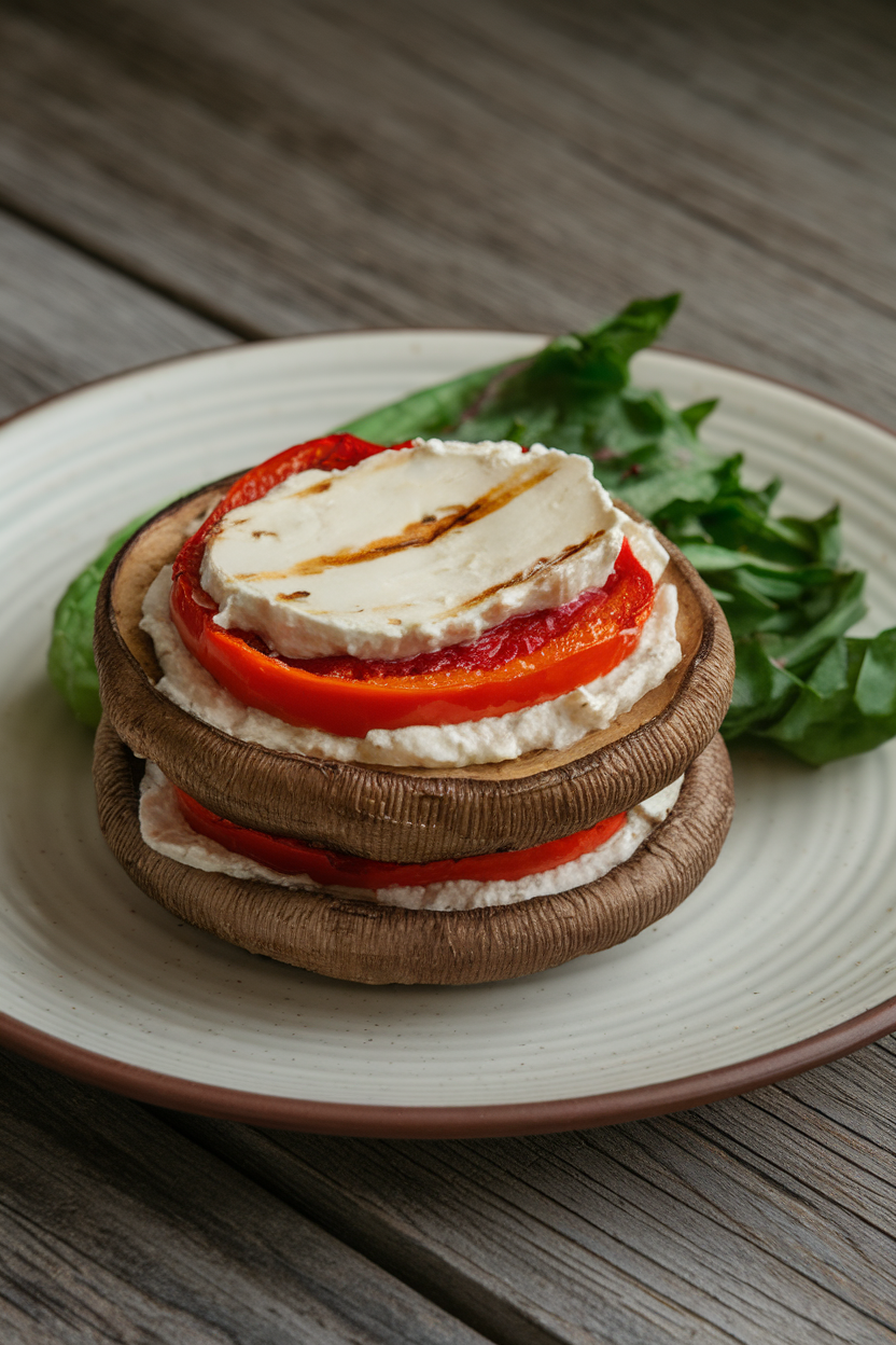 An indoor dinner plate showcasing two stacked grilled portobello caps with a smear of goat cheese, roasted red pepper slice in between. No text or logos.