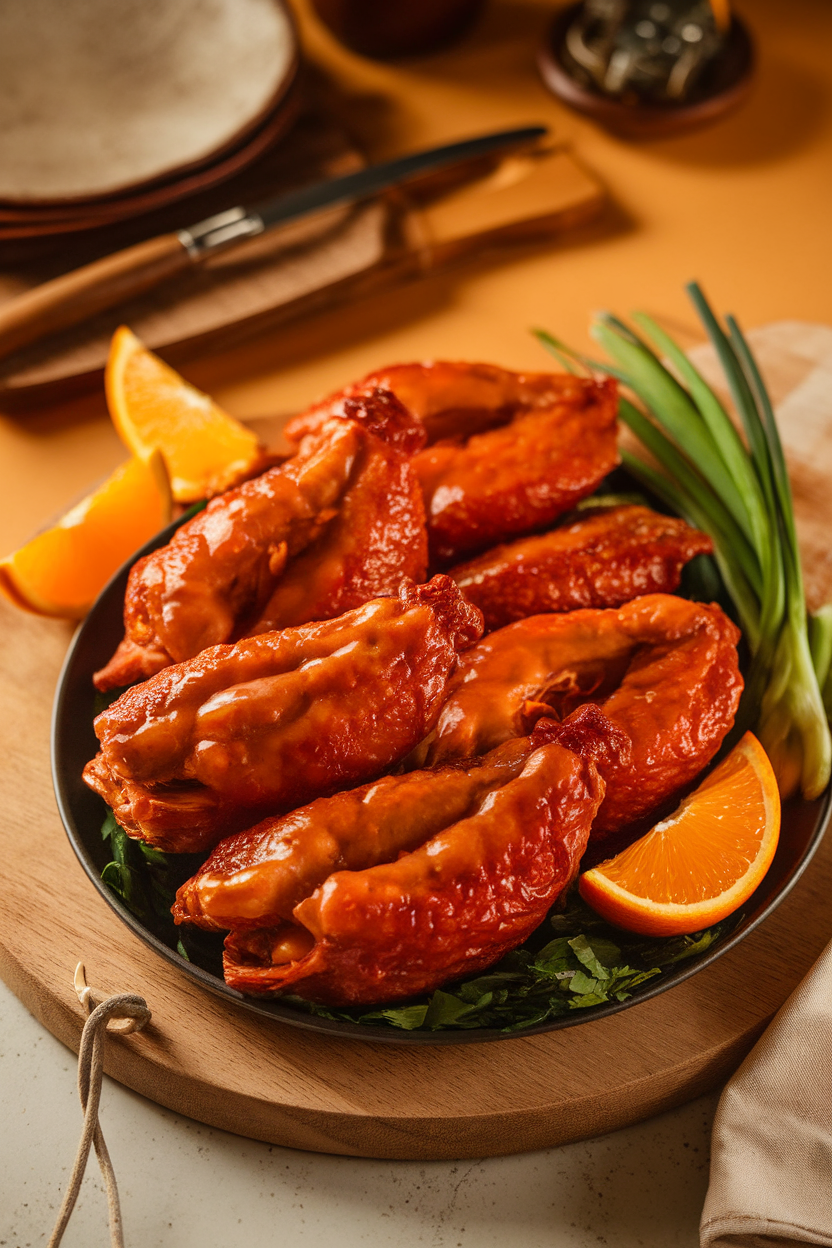 An indoor serving platter with crispy roast duck halves glazed with orange sauce, photo, no text or logos.