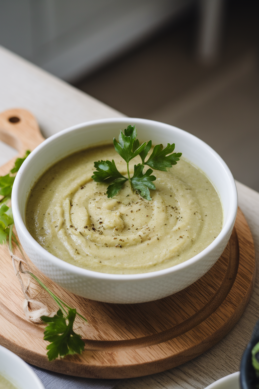 Photo prompt: A white bowl of pale green lauki soup garnished with parsley, indoor kitchen table. No text or logos.