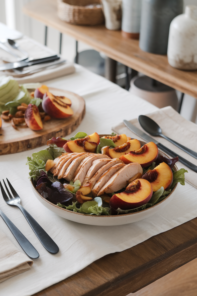 Indoor summer dining table featuring mixed greens topped with sliced grilled chicken, charred peach wedges, and toasted almonds. No text or logos; photo.
