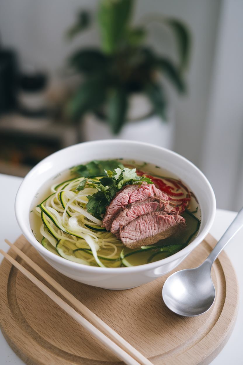 Indoor bowl filled with clear broth, zucchini noodles, thin beef slices, and fresh herbs. No logos; photo.