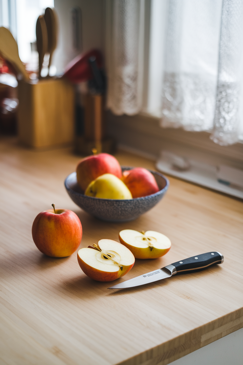 Indoor photo of a small paring knife beside peeled apples and a bowl of fruit cores on a countertop, soft kitchen lighting, no text or logos.