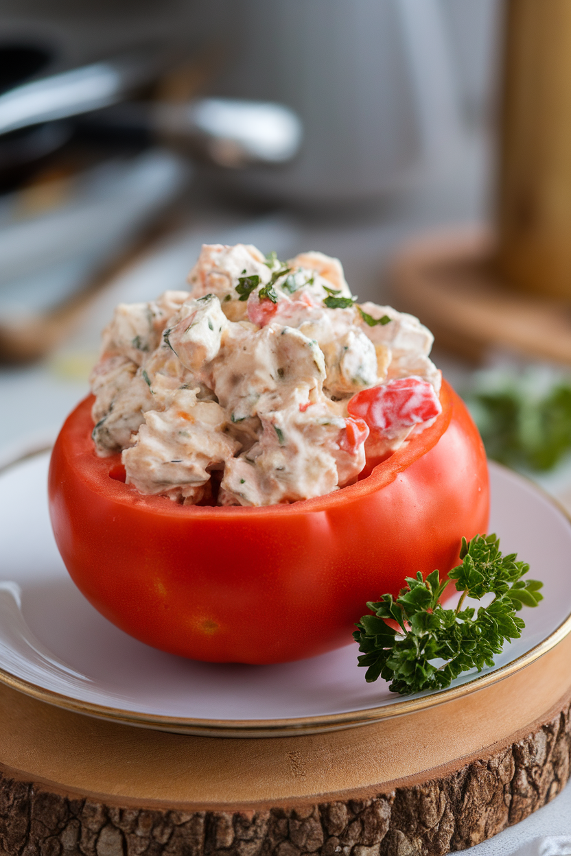 Indoor tabletop with a hollowed large tomato filled with creamy chicken salad, parsley garnish. No text or logos.