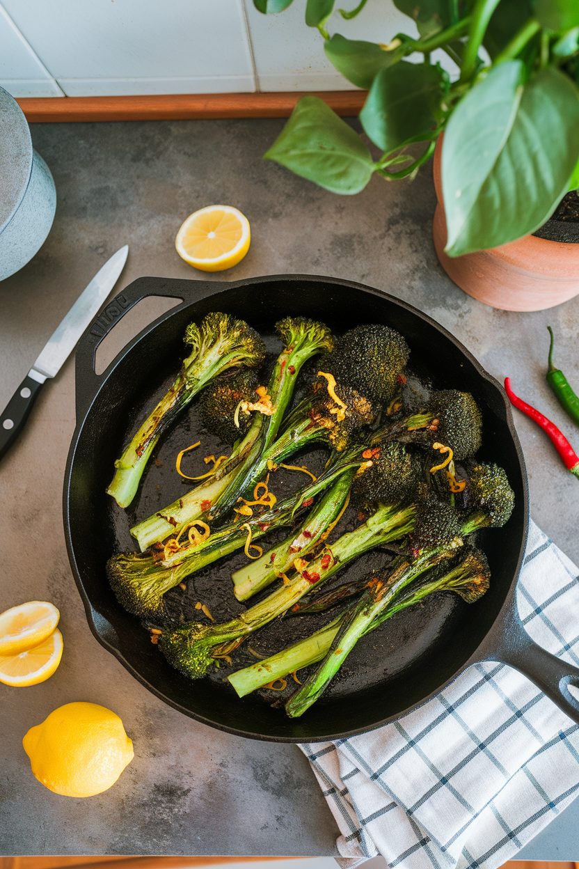 An indoor kitchen countertop with a cast-iron skillet holding charred broccolini pieces tossed with lemon zest and chili flakes. No logos or text. Photo.