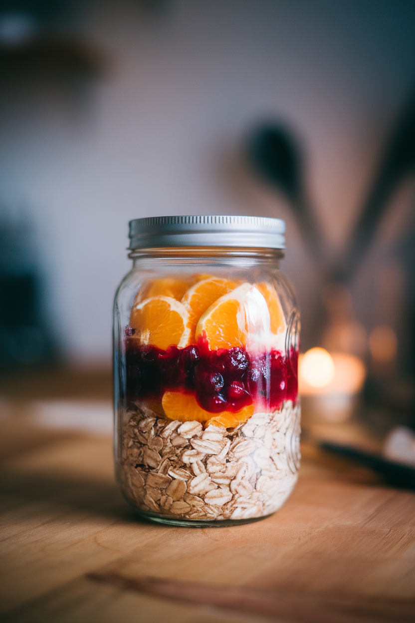 A mason jar indoors filled with layered oats, cranberry sauce, and orange segments, lid off. Photo, no text or logos.