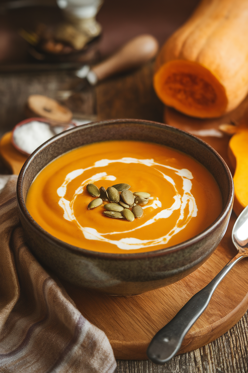 An indoor pot of creamy orange butternut squash soup with a swirl of light coconut milk and pumpkin seeds on top. Photo, no text or logos.