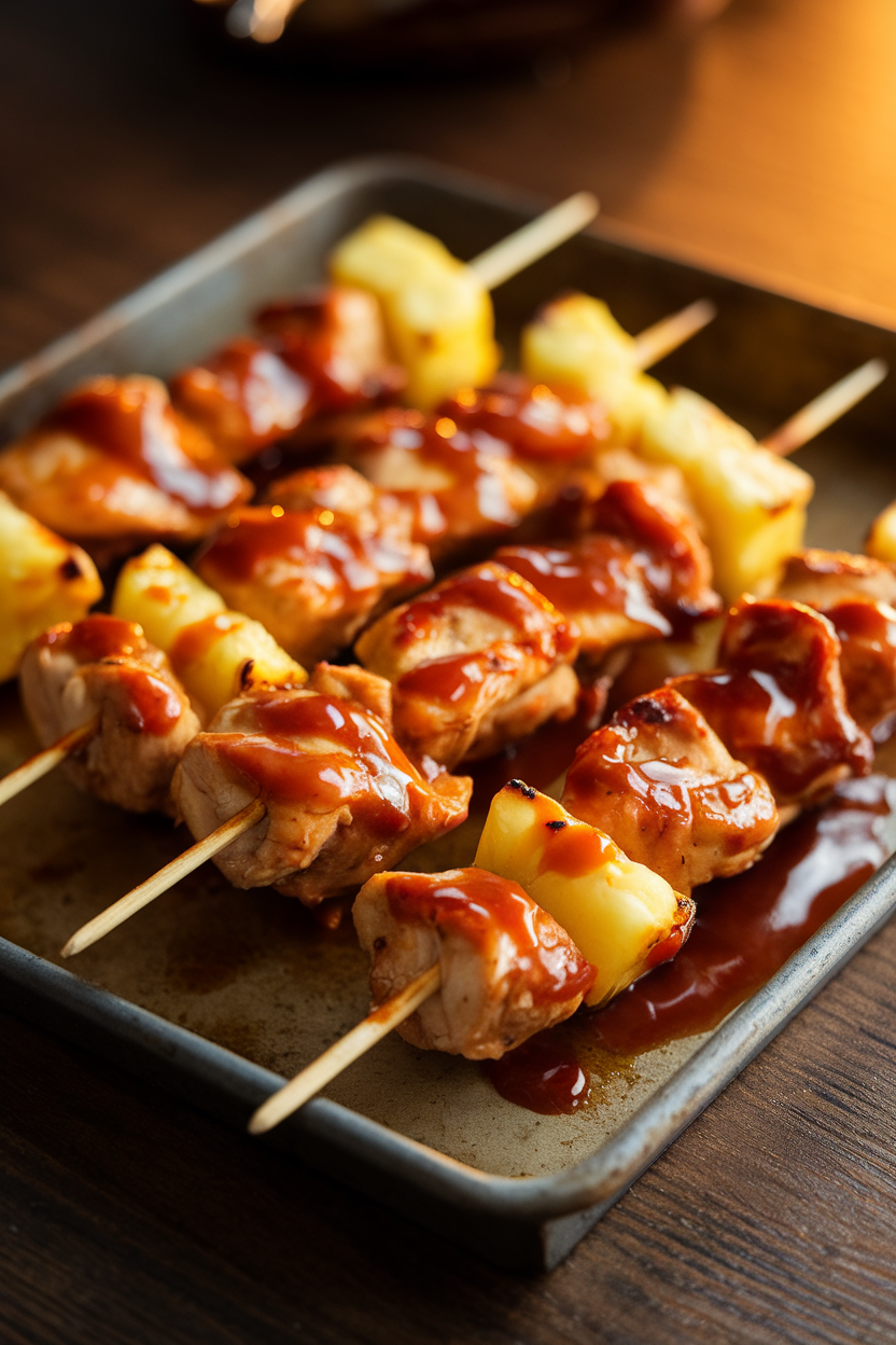 Indoor photo of a tray of cooked chicken and pineapple skewers brushed with teriyaki glaze; no text or logos.