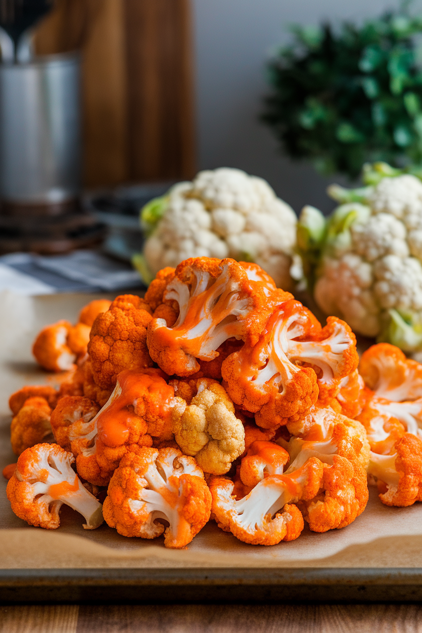 A parchment-lined indoor baking tray piled with roasted cauliflower florets coated in bright orange buffalo sauce—photo, no text or logos.