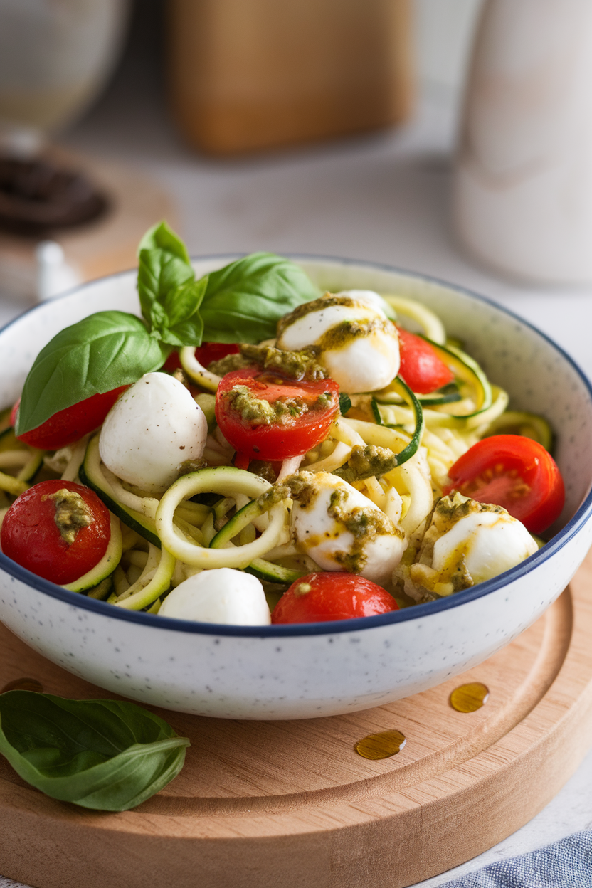 Indoor photo of zucchini noodles mixed with cherry tomatoes, mozzarella pearls, and basil pesto on a shallow dish; no text or logos.