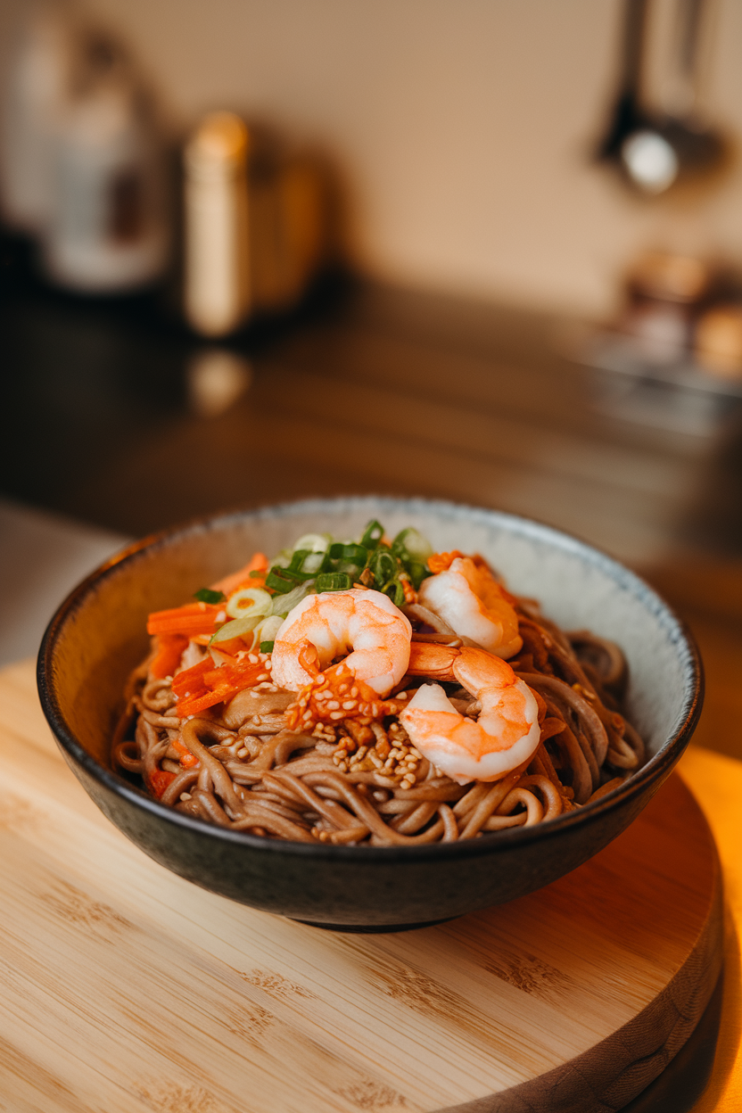 Indoor bowl photo of buckwheat soba noodles coated in peanut sauce with cooked shrimp and julienned veggies; warm overhead light, no text or logos.