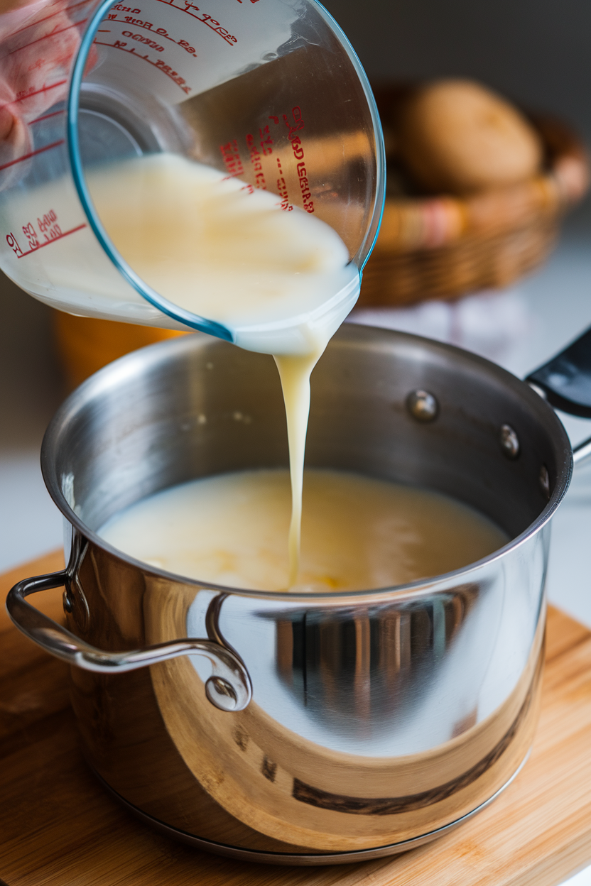 Measuring cup of cloudy yogurt whey being poured into a soup pot, indoor photo, no text or logos