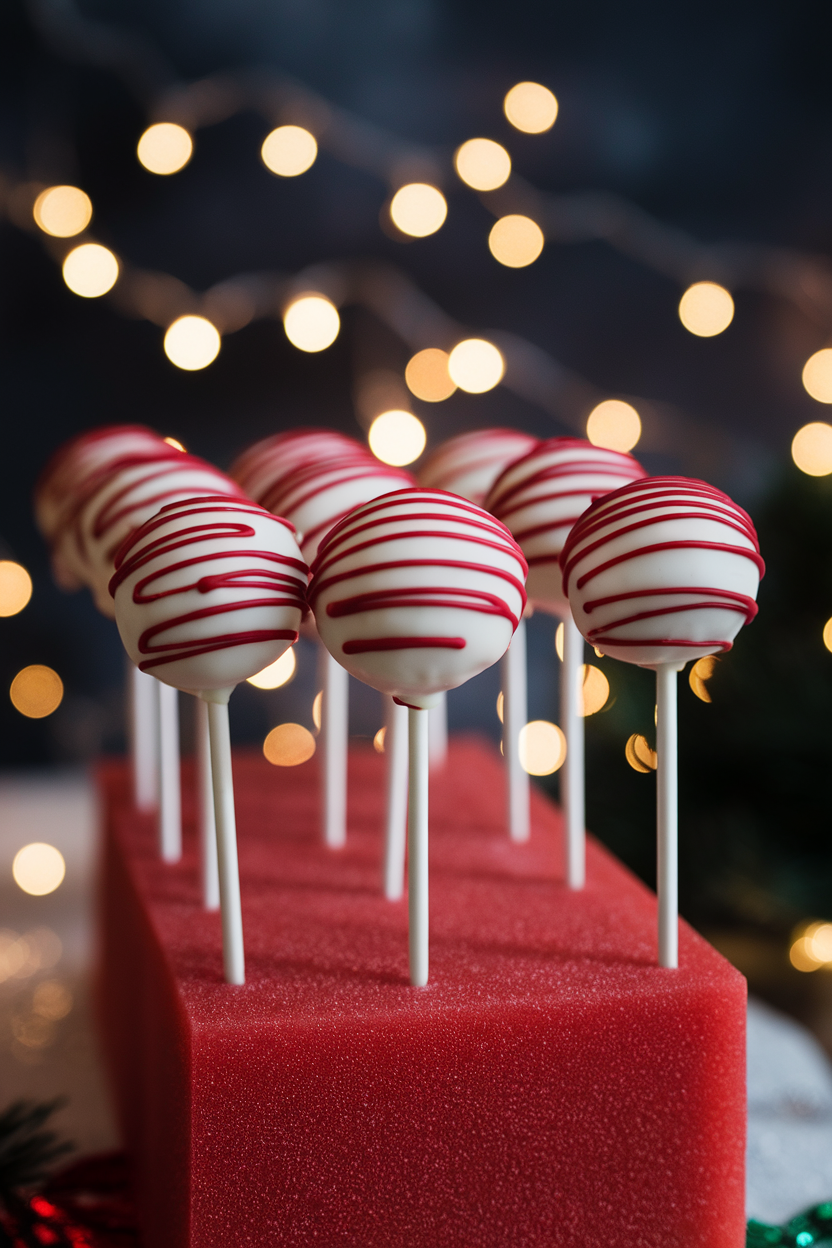 Indoor photo of red velvet cake pops coated in white chocolate and red drizzle, arranged upright in foam, festive bokeh lights in background, no text or logos