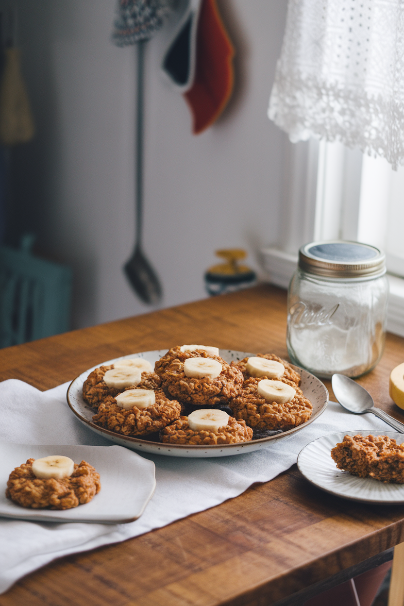 Photo prompt: Plate of peanut-butter banana oat cookies on a kitchen table indoors, no branding.