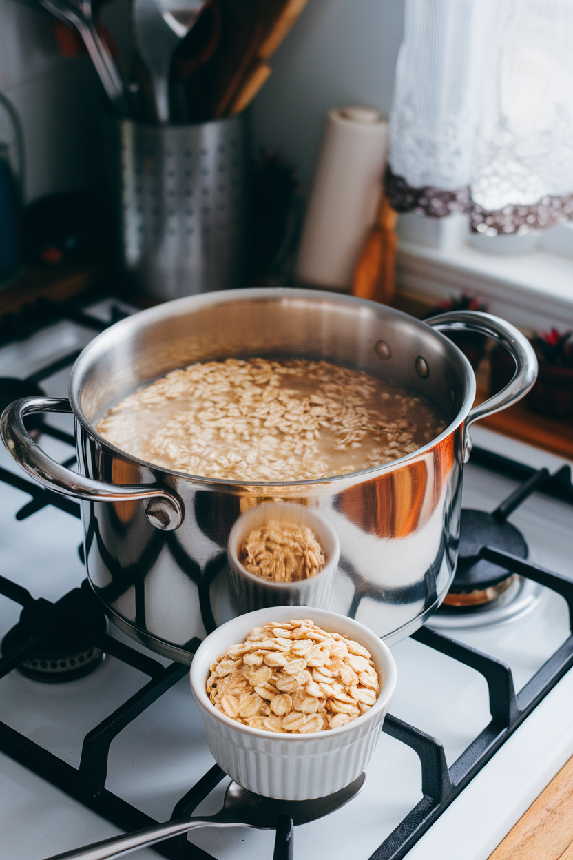 Stove-top scene with a pot of simmering steel-cut oats beside a small bowl of instant oats for comparison. No text or logos. Photo.