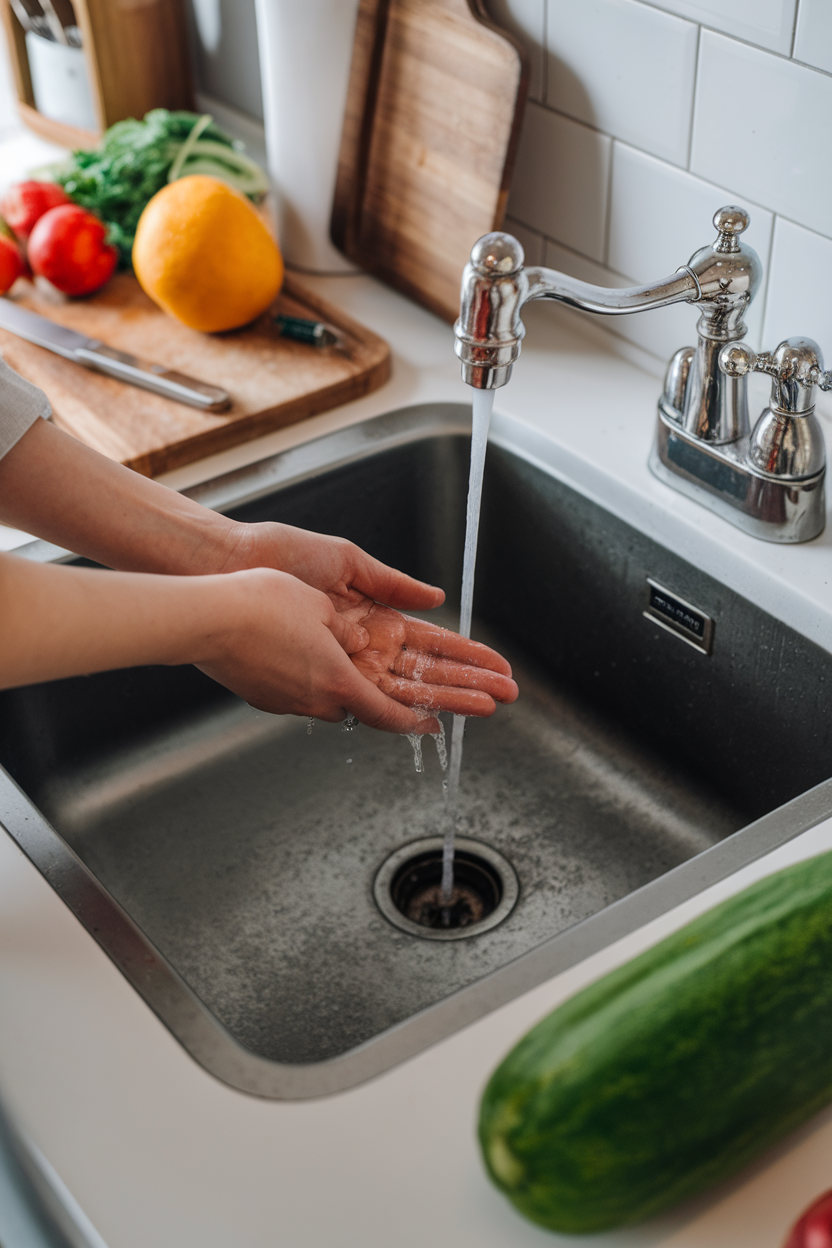 Indoor photo of a person washing hands under a kitchen sink faucet, cutting board and produce visible nearby; no text or logos.