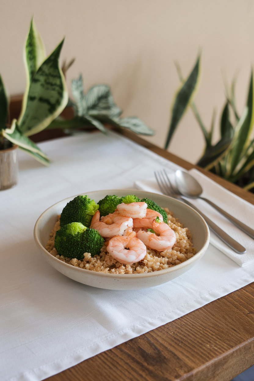 An indoor dining table holding a bowl of fluffy quinoa topped with sautéed shrimp and bright green broccoli florets. No text or logos present.