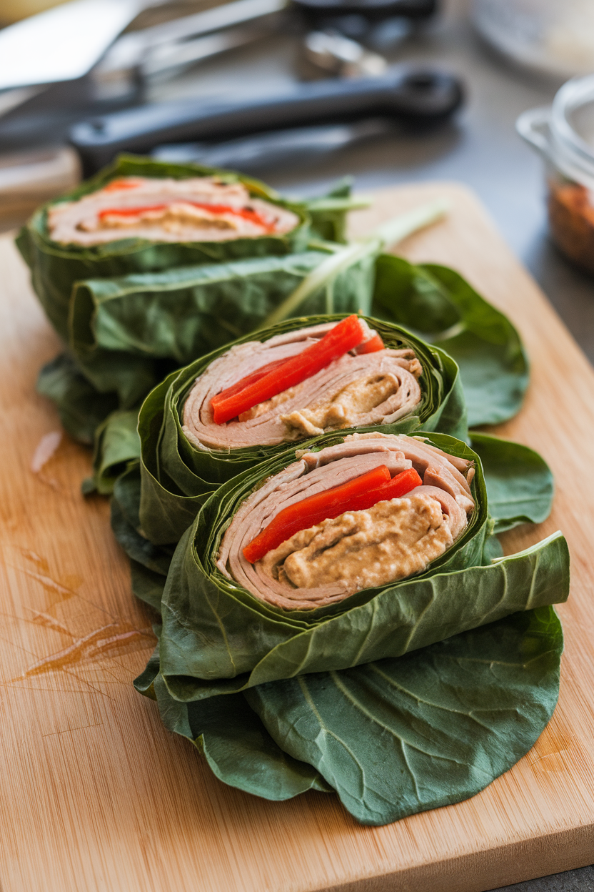 An indoor photo of large collard leaves wrapped around sliced turkey, red pepper strips, and hummus, cut in half on a cutting board. No text or logos.