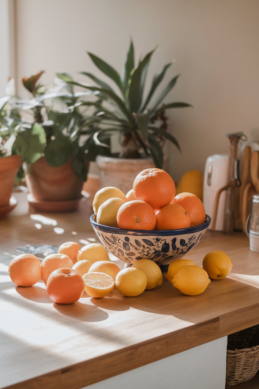 Photo of a sunny indoor kitchen counter displaying a ceramic bowl overflowing with bright oranges, apples, and lemons. Soft morning light, neutral backdrop, no text or logos.