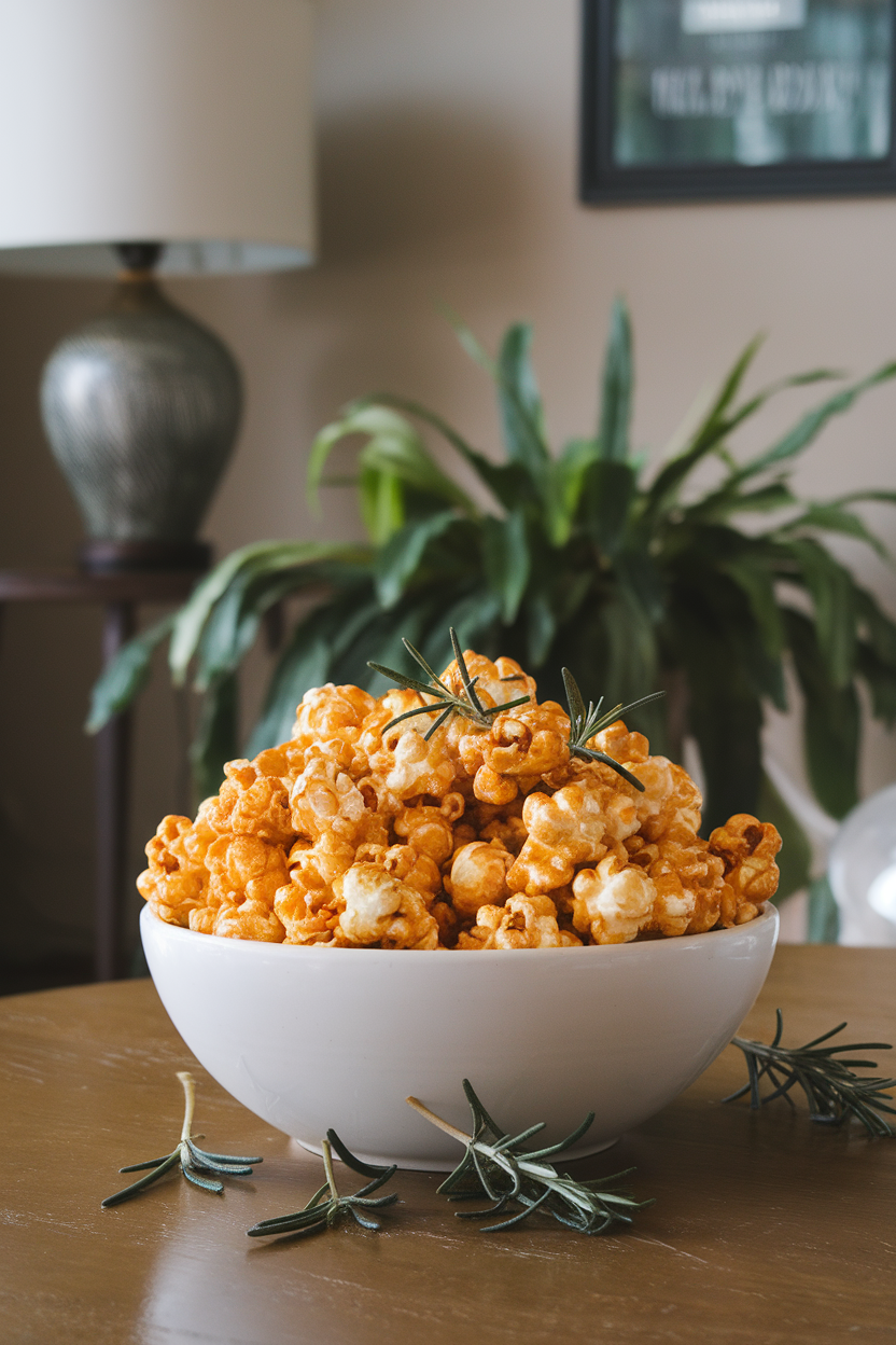 A bowl of glossy caramel popcorn dotted with rosemary leaves on an indoor coffee table, no text or logos.</Prompt