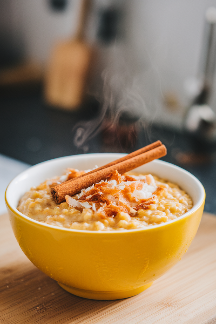 Indoor bowl photo of bright yellow oatmeal topped with toasted coconut and a cinnamon stick, no text or logos.