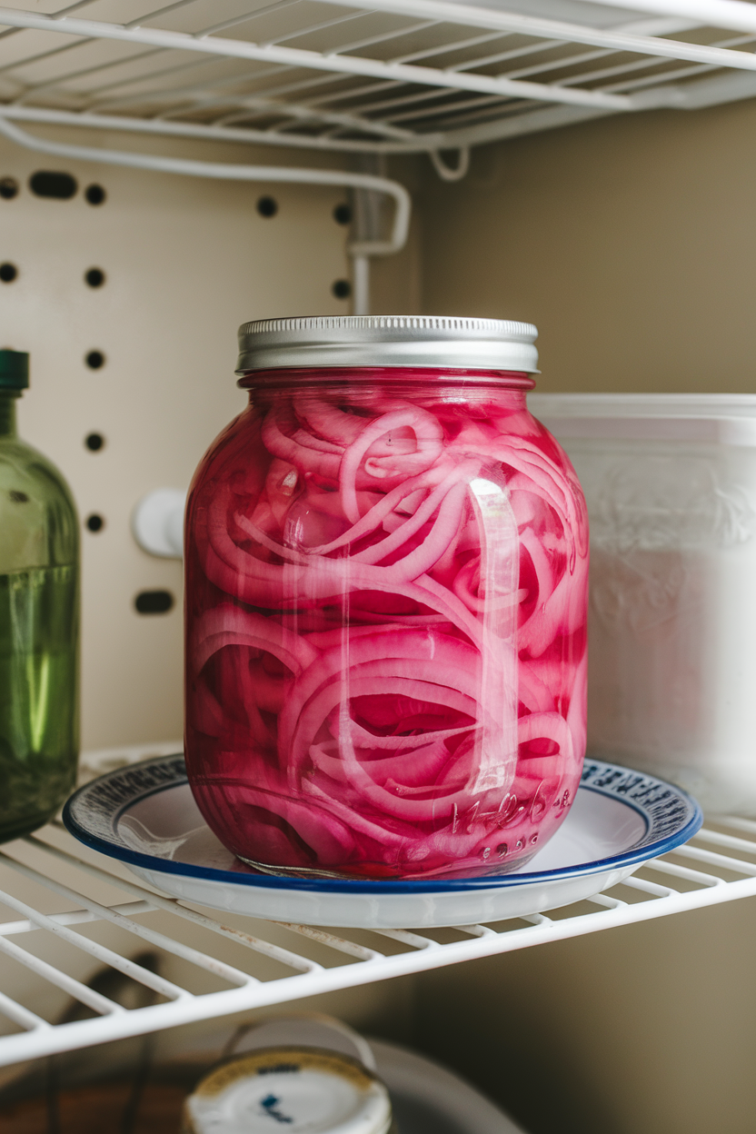 Photo, indoor fridge shelf with a clear jar of bright pink pickled onions in vinegar brine, no text or logos.