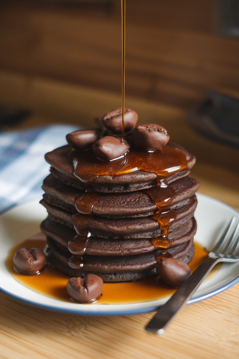 Indoor photo of dark espresso-tinted pancakes topped with coffee-infused maple syrup and chocolate-covered espresso beans; no text or logos.