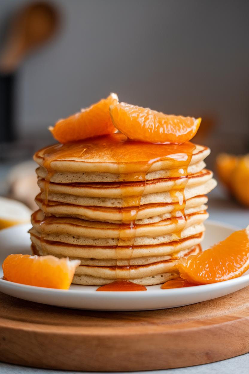 Indoor photo of pancakes adorned with caramelized clementine slices and a glossy citrus caramel sauce; no text or logos.