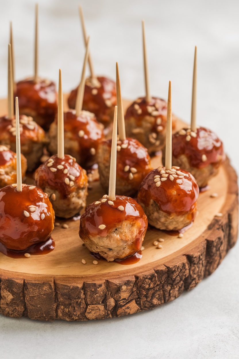 An indoor board displaying meatballs on short cocktail sticks glazed with shiny teriyaki sauce, sesame seeds sprinkled, no logos.