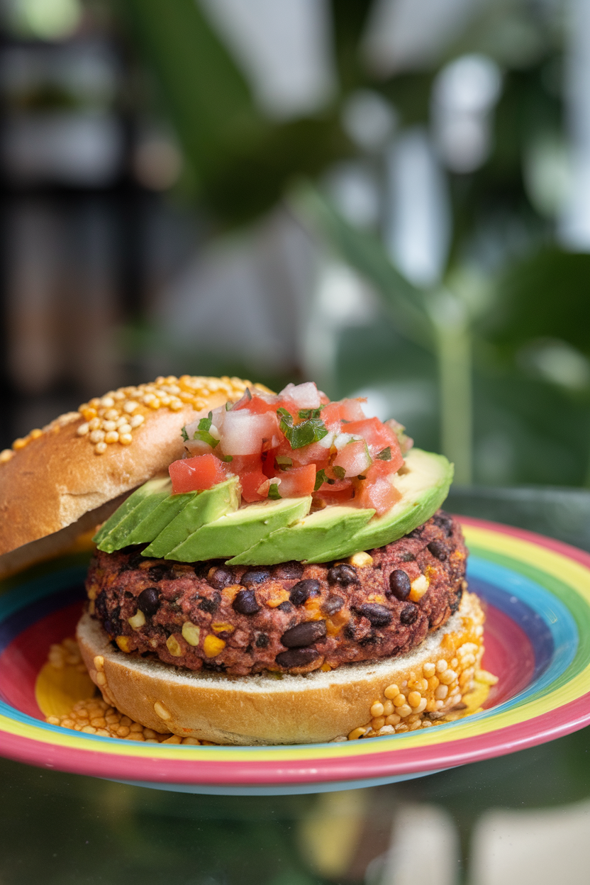 Photo of a colorful indoor plate showing a black bean and corn burger topped with sliced avocado and salsa, on a corn-dust topped bun; no text or logos; photo, not illustration