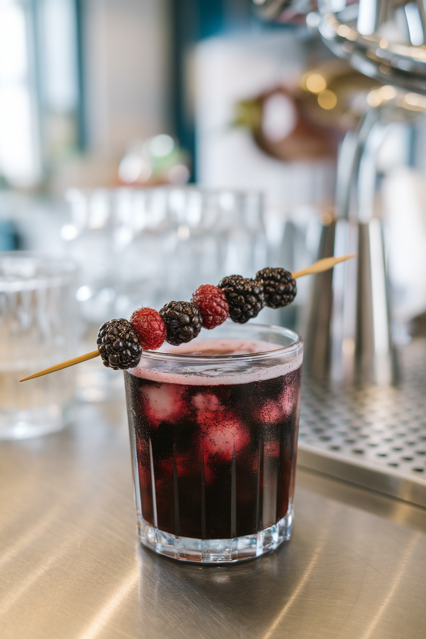 Indoor bar counter featuring a rocks glass filled with nearly black blackberry soda, tiny purple foam at top, blackberry skewer laid across rim. Photo, no text or logos.