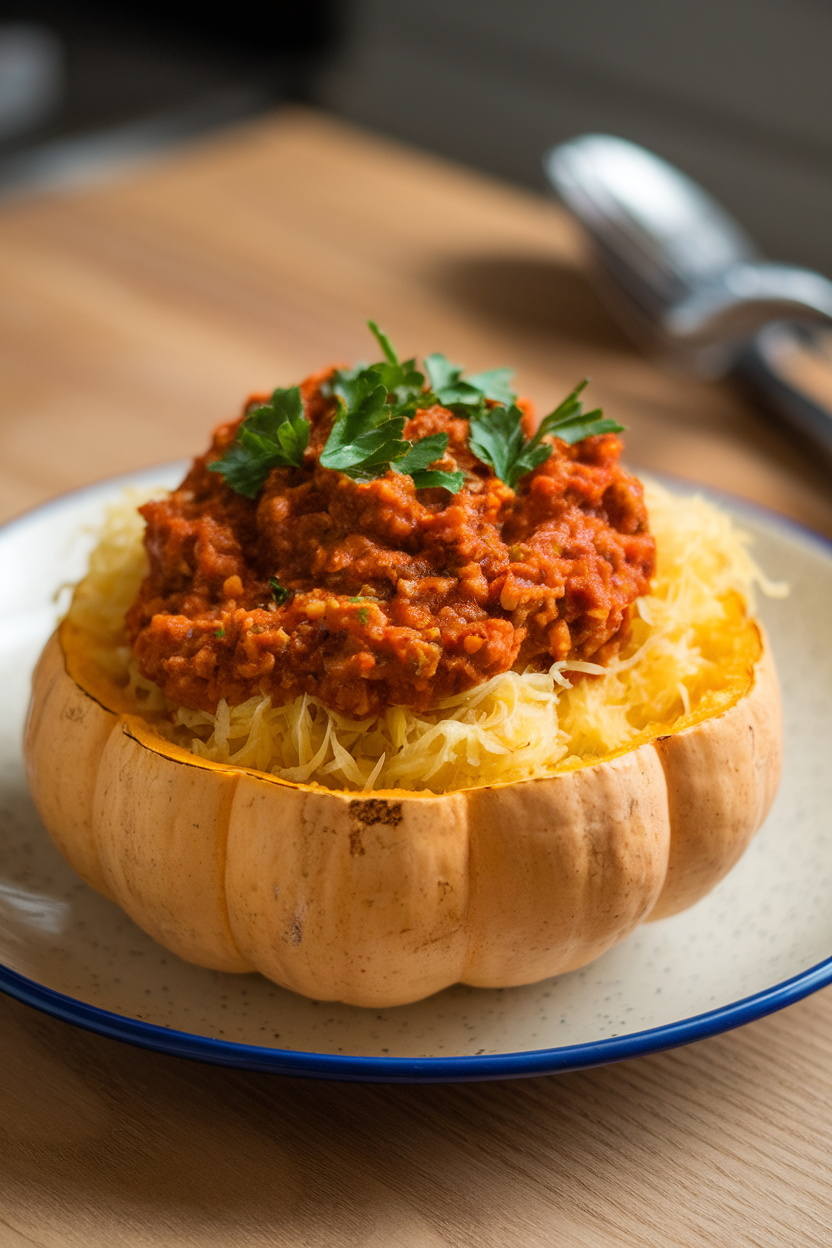 Indoor dinner plate with roasted spaghetti squash strands topped with turkey Bolognese sauce and fresh parsley. No logos or text; photo.