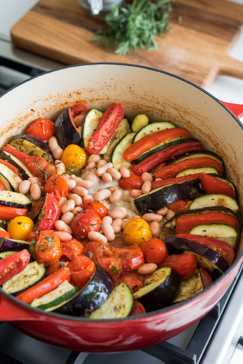 Photo of a Dutch oven on an indoor stovetop filled with colorful ratatouille—zucchini, eggplant, tomatoes—mixed with white beans. No logos or text.