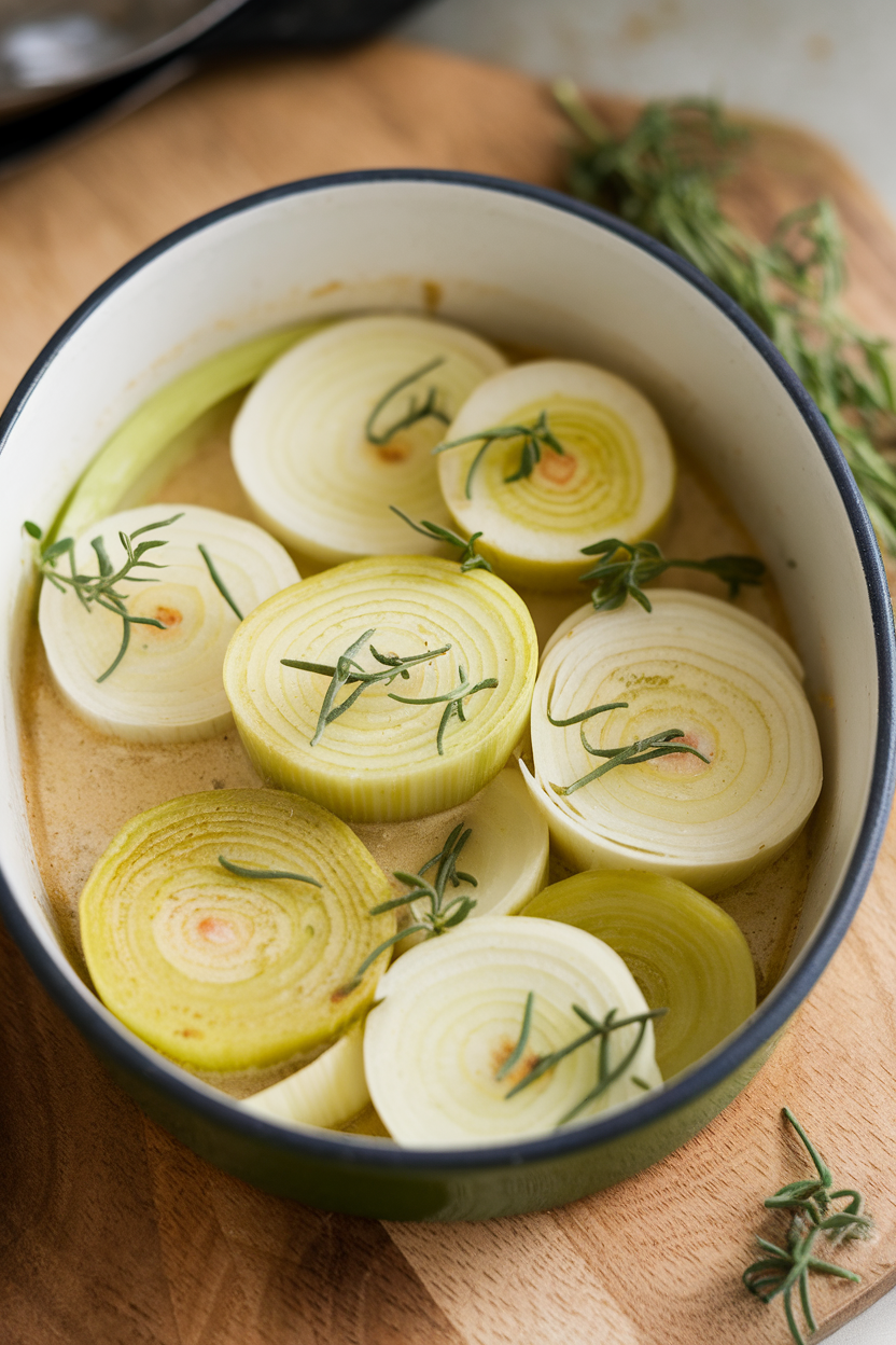 Indoor photo of tender sliced leeks in a light cream sauce flecked with tarragon in a small casserole dish. No text or logos.