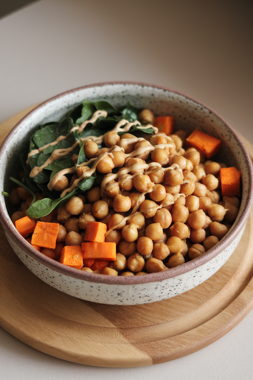 Indoor ceramic bowl holding roasted chickpeas, sweet potato cubes, baby spinach, and tahini drizzle. No text or logos.