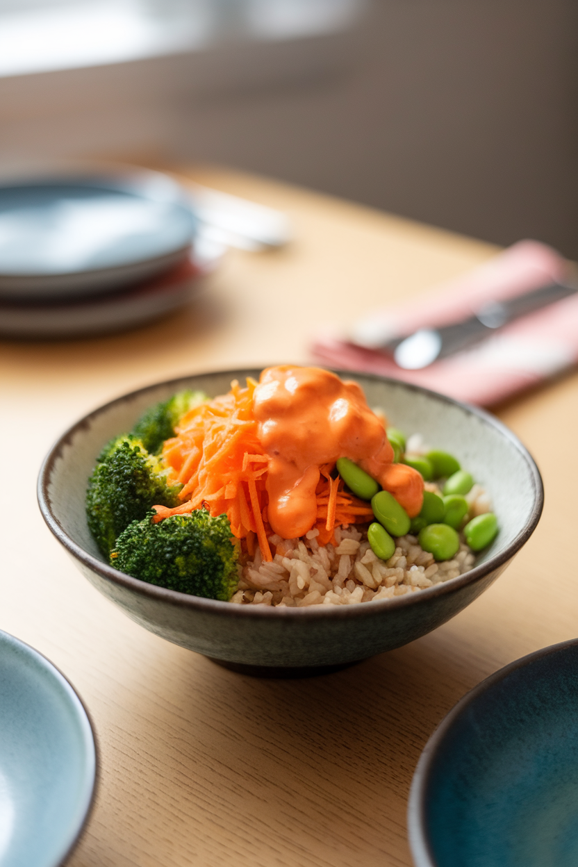 An indoor dining table with a bowl of brown rice topped with steamed broccoli, shredded carrot, edamame, and a bright orange carrot-ginger dressing drizzled over. No text or logos.