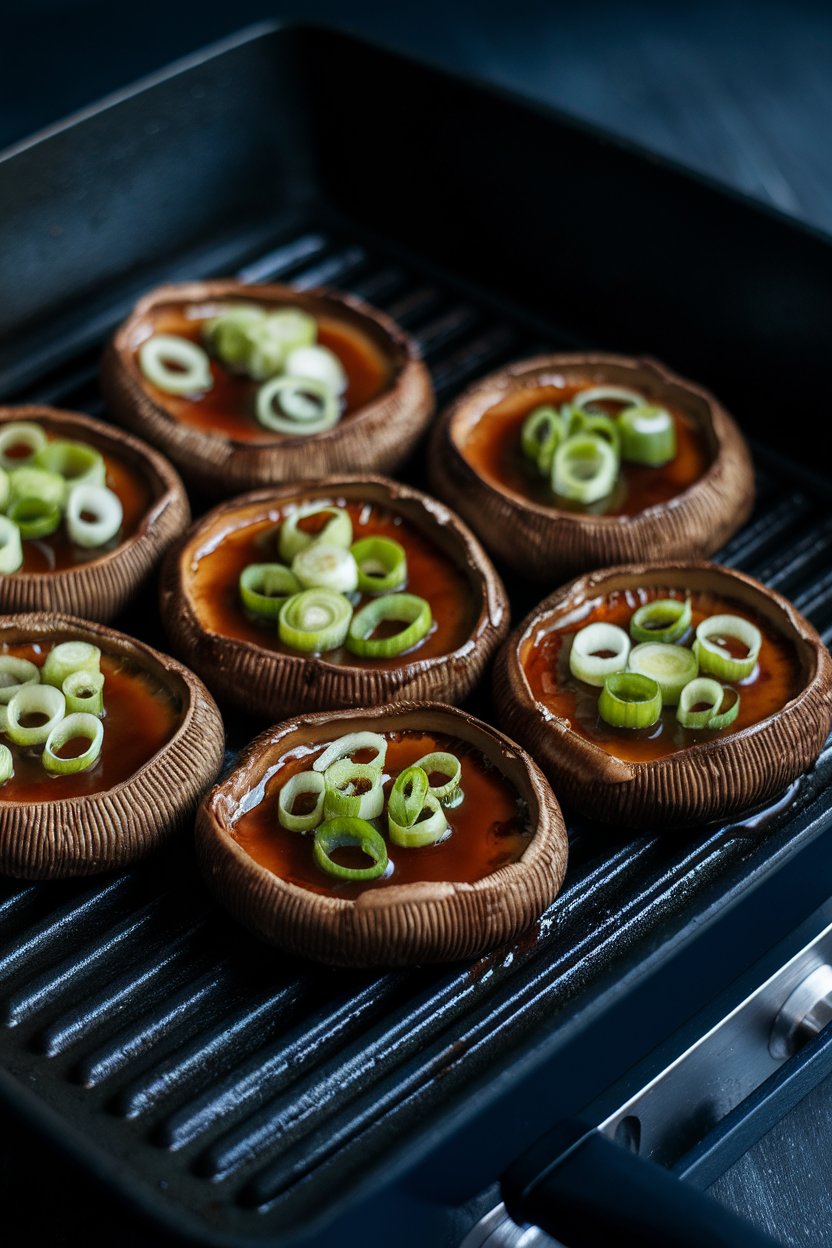 Indoor grill pan with seared portobello caps brushed in glossy teriyaki glaze, sliced scallions on top; moody lighting, no text or logos.