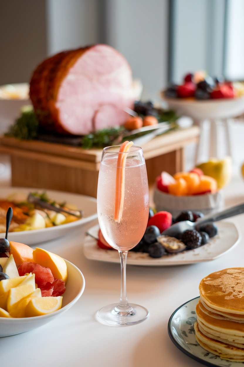 Indoor brunch buffet highlighting a stemless flute of pale pink sparkling rosé cocktail with a thin grapefruit ribbon inside. No text or logos; photograph, not illustration.