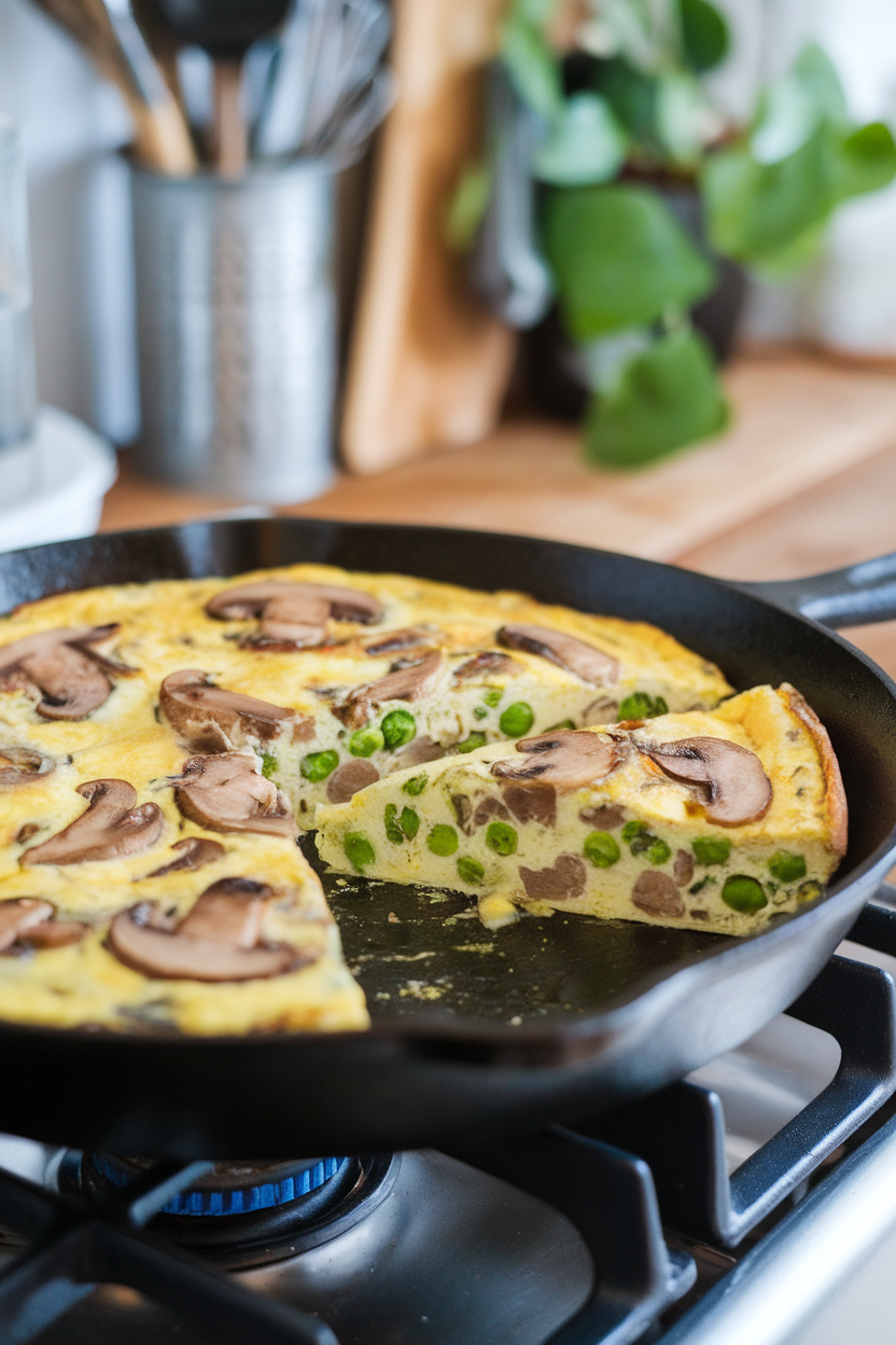 Skillet frittata sliced to show mushrooms and green peas inside, resting on a stovetop indoors, no text or logos.