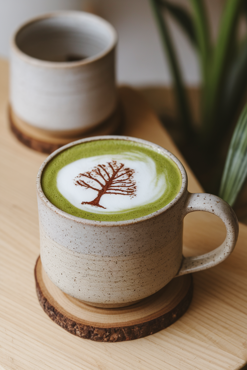 Indoor ceramic mug of rich green matcha latte, cocoa powder line art of tree silhouette on foam, wooden coaster beneath. Photo, no text or logos.