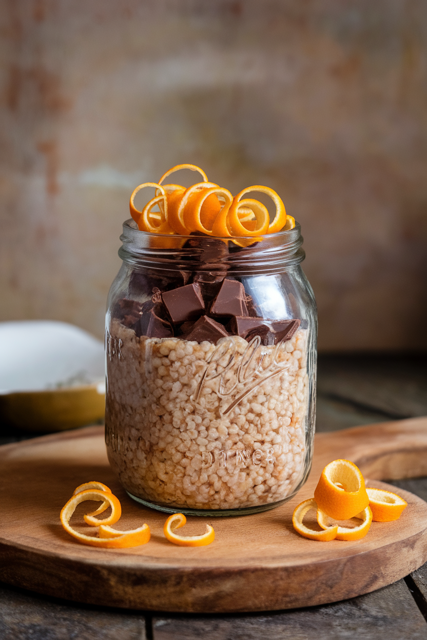 An indoor close-up of a glass jar filled with chocolate overnight millet garnished with fresh orange zest curls. Photo, no text or logos.